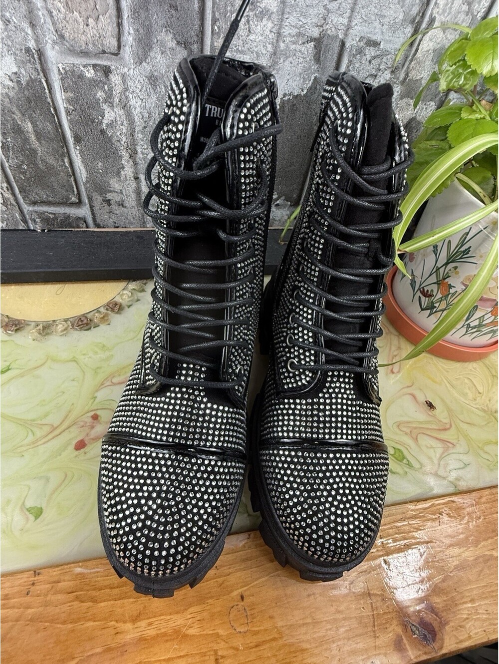 True Religion GEE Studded Combat Ankle Boots Lace-Up Zip Platform Logo 7 - Picture 13 of 15